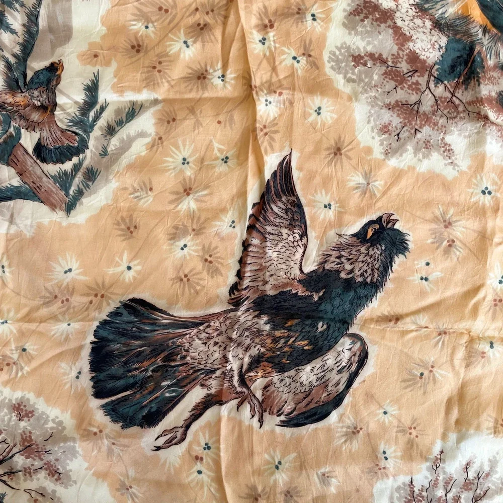 Vintage 70s Satin Bird Scarf Pheasants Country Earth Tones Wildlife Nature Hawk